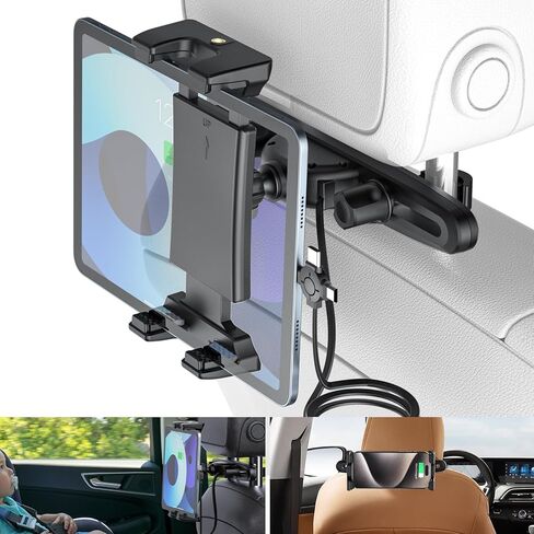 حامل الكمبيوتر اللوحي لمسند رأس السيارة، حامل iPad لشحن المقعد الخلفي قابل للسحب مع كابل شحن USB إلى 3 مقابس لجهاز iPad Pro Air Mini وGalaxy Tabs والهواتف المحمولة والأجهزة اللوحية الأخرى مقاس 4.7-12.9 بوصة in Kuwait