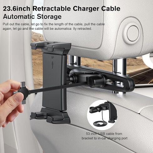 حامل الكمبيوتر اللوحي لمسند رأس السيارة، حامل iPad لشحن المقعد الخلفي قابل للسحب مع كابل شحن USB إلى 3 مقابس لجهاز iPad Pro Air Mini وGalaxy Tabs والهواتف المحمولة والأجهزة اللوحية الأخرى مقاس 4.7-12.9 بوصة in Kuwait