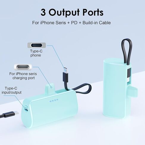 [عبوتان] شاحن محمول صغير بقدرة 5200 مللي أمبير في الساعة لهاتف iPhone، بنك طاقة PD 3.0A مع كابل مدمج، حزمة بطارية USB C صغيرة متوافقة مع iPhone 15/15 plus/15 Pro/15 Pro Max/14/13/12/11 /8 هاتف أندرويد وما إلى ذلك in Kuwait
