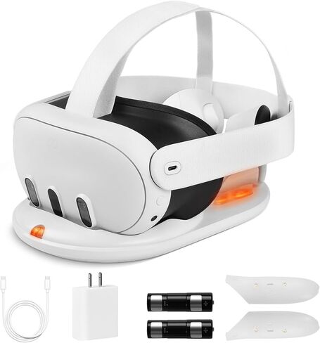 قاعدة شحن لملحقات Meta Quest 3، حامل شحن سريع بقدرة 45 وات لسماعات رأس ووحدات تحكم الواقع الافتراضي Oculus Quest 3، مع بطاريتين قابلتين للشحن، وغطاء بطارية ومؤشر LED، أبيض in Kuwait