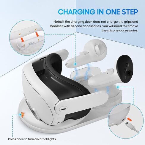 قاعدة شحن لملحقات Meta Quest 3، حامل شحن سريع بقدرة 45 وات لسماعات رأس ووحدات تحكم الواقع الافتراضي Oculus Quest 3، مع بطاريتين قابلتين للشحن، وغطاء بطارية ومؤشر LED، أبيض in Kuwait