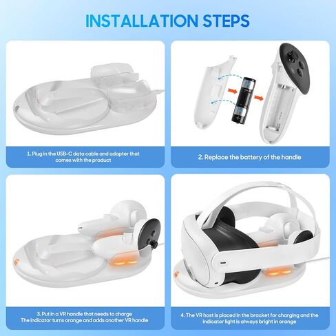 قاعدة شحن لملحقات Meta Quest 3، حامل شحن سريع بقدرة 45 وات لسماعات رأس ووحدات تحكم الواقع الافتراضي Oculus Quest 3، مع بطاريتين قابلتين للشحن، وغطاء بطارية ومؤشر LED، أبيض in Kuwait