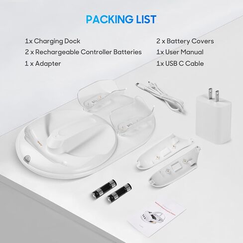 قاعدة شحن لملحقات Meta Quest 3، حامل شحن سريع بقدرة 45 وات لسماعات رأس ووحدات تحكم الواقع الافتراضي Oculus Quest 3، مع بطاريتين قابلتين للشحن، وغطاء بطارية ومؤشر LED، أبيض in Kuwait