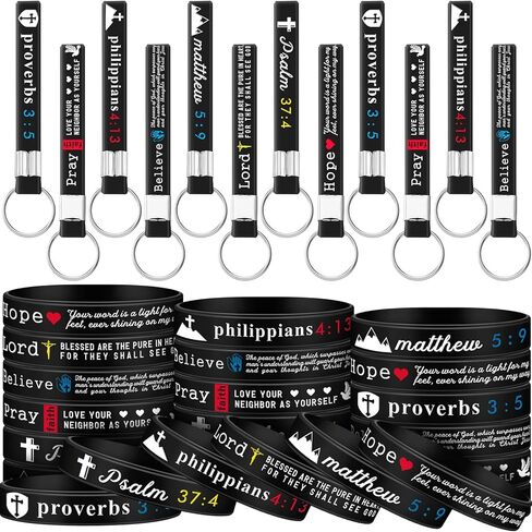 Lewtemi 24 Pcs Christian Bible Keychains Bulk with Scripture and Inspirational Verses Rubber Wristbands Bracelets for Gifts in Kuwait