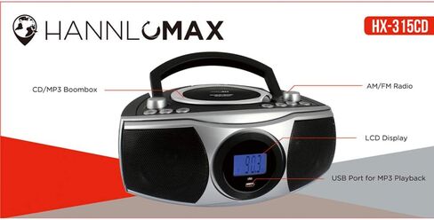 HANNLOMAX HX-315CD Portable CD/MP3 Boombox, AM/FM Radio, Digital Radio Frequency, Bluetooth, USB Port for MP3 Playback, LCD Display,Aux-in, AC/DC Power Source (Black) in Saudi Arabia