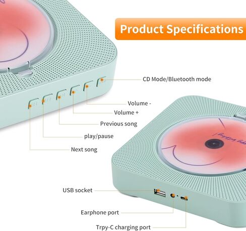 مشغل أقراص مضغوطة Boombox مع مكبرات صوت، مشغل أقراص مضغوطة محمول مع بلوتوث لديكور المنزل، ديكور Kpop، قارئ USB [أخضر] in Kuwait