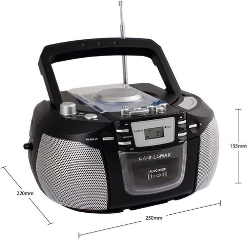 HANNLOMAX HX-301CD CD/MP3 Boombox، راديو AM/FM، مسجل كاسيت، تسجيلات من القرص المضغوط أو الراديو، مقبس سماعة الرأس، شاشة LCD، مصدر طاقة مزدوج AC/DC. in Saudi Arabia