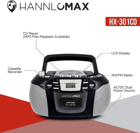 HANNLOMAX HX-301CD CD/MP3 Boombox، راديو AM/FM، مسجل كاسيت، تسجيلات من القرص المضغوط أو الراديو، مقبس سماعة الرأس، شاشة LCD، مصدر طاقة مزدوج AC/DC. in Saudi Arabia