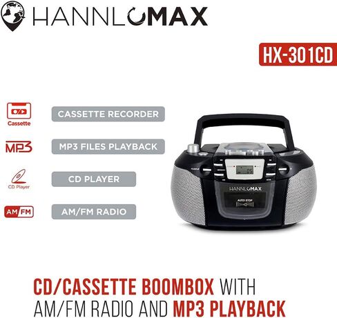HANNLOMAX HX-301CD CD/MP3 Boombox، راديو AM/FM، مسجل كاسيت، تسجيلات من القرص المضغوط أو الراديو، مقبس سماعة الرأس، شاشة LCD، مصدر طاقة مزدوج AC/DC. in Saudi Arabia