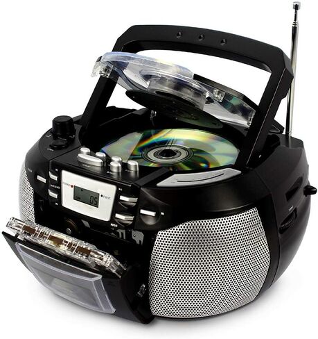 HANNLOMAX HX-301CD CD/MP3 Boombox، راديو AM/FM، مسجل كاسيت، تسجيلات من القرص المضغوط أو الراديو، مقبس سماعة الرأس، شاشة LCD، مصدر طاقة مزدوج AC/DC. in Saudi Arabia