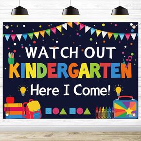 Watch Out Kindergarten Here I Come Backdrop First Day of Kindergarten Photography Backdrops Teacher and Students Kids Party Decoration Banner Students Classroom Supplies Photo Background,82 x 59 Inch