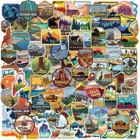 113 Piece US 50 States and National Parks Waterproof Decal Pack Kit, Outdoor Travel Hiking Adventure Camp Decals for Kids Teens Adults, for Luggage, Water Bottles, Cell Pho (Map City Stickers)