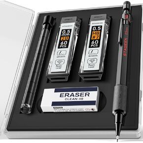 0.7mm Mechanical Pencil Set, 3PCS Metal Mechanical Pencils 0.7mm with 6 Tubes HB & 2B Lead Refills,Erasers, Weatherproof Artist Pencils with Case for Outdoor Writing Drafting Drawing