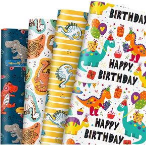 AnyDesign 12 Sheet Dinosaur Birthday Wrapping Paper Cartoon Dinosaur Gift Wrap Paper Bulk Folded Flat Colorful Art Paper for Kids Boys Birthday Baby Shower DIY Crafts Gift Packing, 19.7 x 27.6 Inch