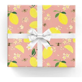 Lemons and Honey Bees Summer Giftwrap Paper - Six Flat Folded Sheets 19.5x27 Inches, Feminine Birthday Wrapping Paper, Lemon Blossoms and Honey Bee Art Project