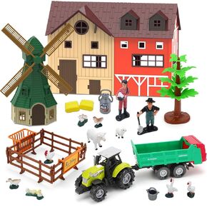 deAO Farm Animal Toys Tractor Toy with Light&Sound 60 PCS Farm Playset Animals Figures Fences Farmers for Kids Toddlers Boys Girls 3-12 Birthday Gift