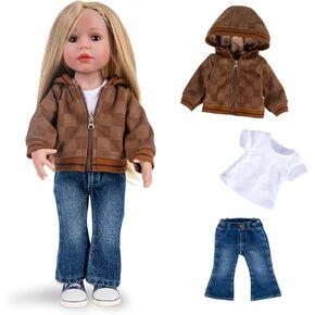 3 Pc. Set Doll Clothes Set Ginger Coat Blue Jeans & White T-Shirt Baby Doll Clothes Suit (Without Doll & Shoes) 028