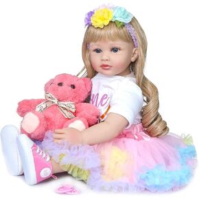Lifelike Toddler Reborn Doll Silicone 24 Inch Realistic Reborn Baby Doll Girl Blonde Curly Hair Blue Eyes Soft Cloth Body for Girls Birthday Gift (Pink)