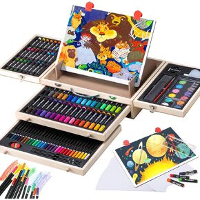 Art Supplies, Deluxe Kids Art Set with Drawing Easel, Crafts Kit in Portable Wooden Case, Oil Pastels, Colored Pencils, Watercolor Cakes, Sketch Paper, Creative Gift for Teens Beginners Girls Boys