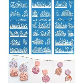 Puocaon Wildflower Clay Silkscreen Stencils - 6 Pcs Reusable Polymer Clay Silk Screen Stencils Flower Pattern, Floral Bouquet Silk Screen Stencils for Earrings Design