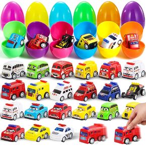 JOYIN 24 Pcs Mini Pull Back City Cars Prefilled Easter Eggs with Vehicle Toys for Kids Boys Eggs Hunt, Easter Basket Stuffers/Fillers, Party Favors, Classroom Prize Supplies