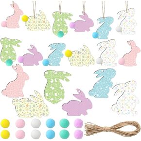 30 Pieces Easter Wooden Ornaments Unfinished Wood Bunny Cutouts with 30 Colorful Felt Balls, Hanging Rabbit Cutouts Rabbit Shape Craft Tags, 20 Ropes and Adhesive Dots for Easter Party DIY Decoration