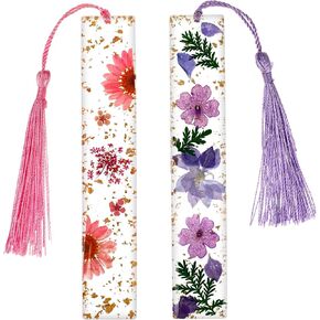 2Pcs Pretty Bookmarks Flower Bookmark with Tassel Book Marks for Women Dried Flower Bookmarks for Women Dried Flower Bookmarks with Tassels, Durable Handmade Dried Flower Resin Bookmarks Reading