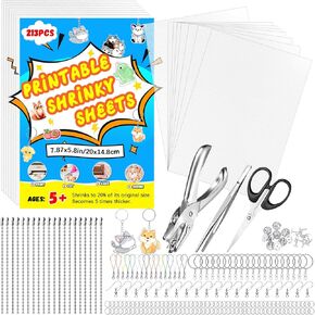 AOBOPLE Printable Shrinky Dink Sheets,213PCS Shrinky Dink Keychain Kit with 20 Printable Shrink Plastic Sheets 193PCS Keychain Accessories for Inkjet Printer Kids DIY Crafts Mothers Day Gifts