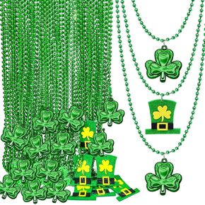 TURNMEON 24 Pack St Patricks Day Decorations,Shamrock Decor Bead Necklace Green Hat Necklace for St Patricks Day Accessories Dressing-up Party Favor Decor