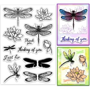 PH PandaHall Dragonfly Lotus Clear Stamp for Scrapbooking, Nature Flower Silicone Stamp Thank You Words Transparent Rubber Stamp for Card Making Decoration, Book, Journal, Gift Tags Box, Envolopes