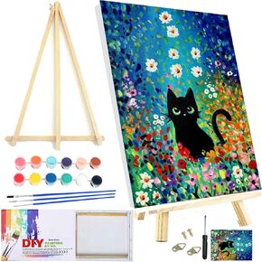 KICHANG Cute Black Cat Framed Paint by Number for Adults Canvas,DIY Paint by Numbers Kit for Adults Arts Crafts for Adults Beginner with 2 Paint Brushes,Acrylic Paint Kit for Home Wall Decor-8x12in