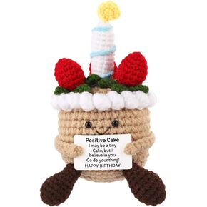 TOYMIS Positive Crochet Cake, Knitted Birthday Cake Positive Crochet Food Emotional Food Doll Emotional Support Positive Energy Crochet for Motivational Gift Home Office Car Decor(Khaki)