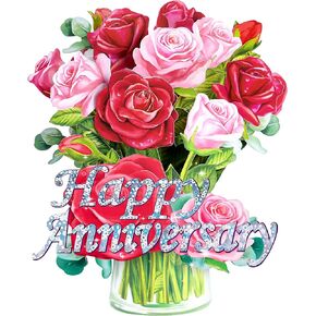 Pop Up Anniversary Card, 12 inch Rose Paper Flower Bouquet 3D Popup Greeting Cards with Note Card & Envelope, Happy Anniversary Cards Gift for Women Men Husband Wife Couple Valentine's Card