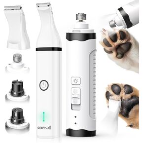 oneisall Dog Nail Grinder and Paw Trimmer Kit 2 in 1 Low Noise Rechargeable Electric Pet Nail Grinder with 2 LED Lights and Cordless Dog Grooming Clippers with Double Blades