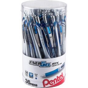 Pentel EnerGel RTX Retractable Liquid Gel Pen Canister, Blue Ink, 36pk (BL77PC36C)