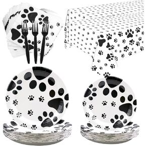 Puppy Paw Print Party Supplies, Dog Party Birthday Decorations, 162 Pieces Puppy Theme Tableware Set, 40 9" Plates 40 7" Plates 40 Napkins 40 Fork and 2 Tablecloth for Dog Cat Print Party Decorations
