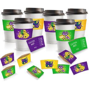 24pcs Mardi Gras Party Cups الأكمام القابلة للتصرف في أكواب الشوكولاتة الساخنة لـ 12oz 16oz مشروبات ساخنة Mardi Gras Party Cups 6 Styles