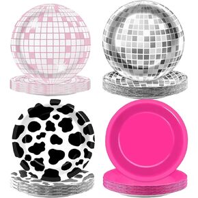 48Pcs Cowgirl Birthday Plates Disco Party Decorations, 7 Inches Hot Pink Cow Print Western Disco Ball Themed Party Favors Disposable Dessert Plates Bachelorette 80s 90s Shower Supplies