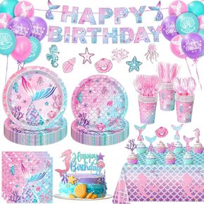 Mermaid Birthday Decorations Supplies Plates, Napkins, Cups, Cutlery, Banner, Hanging Swirls, Cake & Cupcake Toppers, Balloons, Tablecloth for Mermaid Party Decorations, Serve 20