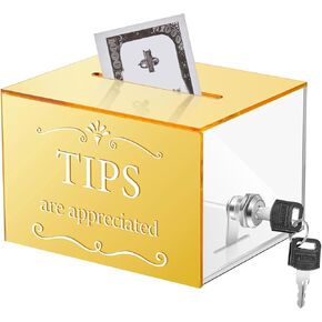 Vesici Tip Jars for Money 6 x 4 x 5 Inch Acrylic Tip Collection Box with Lock Donation Suggestion Box for Tip Storage Container Raffling Box for Bartender Bars, Musicians Restaurants Driver