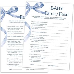 Baby Family Feud Baby Shower Game Set, 30 Blue Bow Baby Shower Game Cards with 1 Answer Card, Game Cards for Baby Announcement Gender Reveal, Baby Shower Party & Activities Supplies -B04