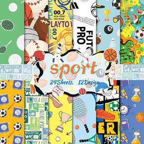 24 Sheets Sport Scrapbook Paper 6"x6" Sport Specialty Paper Scrapbooking Cardstock Paper Designer Paper Pads Junk Journal Craft Paper, Decoupage Card Making Supplies