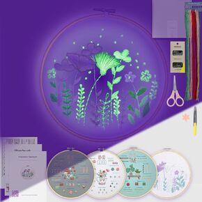 FTUREERA Glowing in The Dark, 4 Pack Embroidery Kit for Beginners, Handy Sewing Clothes with Pattern, Hoops, Instructions&Video Tutorial, Threads Needle Kit - Gifts, Craft Beauty That Shines