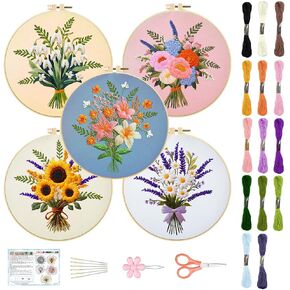 ACRNIGHEET 5PCS Embroidery Kit for Beginners Embroidery Flower Sewing Pattern Embroidery Starter Kit with Instructions, Including 5 Stamped Embroidery Cloth and Various Accessories, DIY Kit