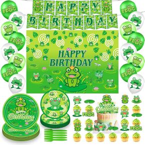 Frog Birthday Party Supplies,Frog Birthday Party Decorations Disposable Tableware Set,Include Banner,Hanging Swirl,Backdrop,Balloons,Plates,Fork,Napkins,and More,Frog Theme Kids Birthday Party Gift