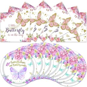 40Pcs Butterfly Baby Shower Decorations Tableware Set Butterfly Floral Disposable Plates Napkins Serves 20 A Little Butterfly Is On Her Way Baby Shower Party Decorations