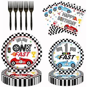 80pcs Race Car 1st Birthday Party Plates, Fast One Black and White Checkered Flag Plates Napkins Forks Tableware Kit for Baby Boys Racing Car Theme 1st Birthday Party Supplies Decorations Favors