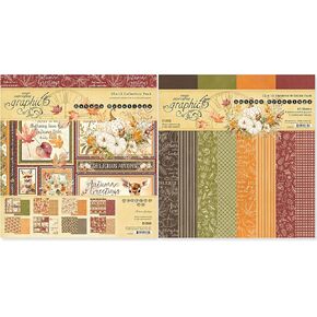 Graphic 45 Autumn Greetings Paper Pack and Patterns & Solids Pack - 12x12 Decorative Papers - 2 Items