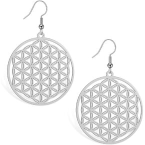 Amaxer Flower of Life Seed of Life Mandala Sacred Geometry Protection Statement Hollowed Out Pendant Charm Drop Dangle Earrings (style 2, silver)