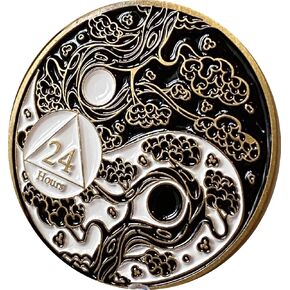RecoveryChip 24 Hours AA Medallion Sakura Tree Cherry Blossom Ying Yang Black and White Serenity Prayer 1 Day Medallion